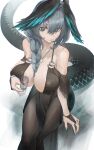 1girl absurdres aqua_eyes aqua_nails arknights bare_shoulders black_dress black_pantyhose braid breasts cleavage covered_nipples cup dress fangs fangs_out feet_out_of_frame hair_over_eyes head_wings highres ho&#039;olheyak_(arknights) holding holding_cup large_breasts long_hair looking_at_viewer nail_polish pantyhose simple_background sitting slox snake_tail solo tail white_background wings 