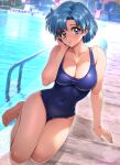  barefoot bishoujo_senshi_sailor_moon blue_eyes blue_hair breasts cleavage covered_navel highres large_breasts lips mizuno_ami one-piece_swimsuit oyaman pool short_hair smile swept_bangs swimsuit 