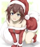  1girl all_fours black_eyes breasts brown_hair cleavage dress fur-trimmed_dress fur-trimmed_headwear fur_trim gakky hat hayasui_(kancolle) highres kantai_collection looking_at_viewer medium_breasts one-hour_drawing_challenge red_dress sack santa_dress santa_hat short_hair solo 
