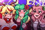  3girls absurdres ahoge animal_ears antlers arai_shinomiya arielle_(vtuber) bell blonde_hair blue_eyes blunt_bangs blush breasts candy_cane_earrings choker christmas christmas_lights cleavage deer_ears english_commentary fang flower green_eyes green_hair hair_between_eyes hair_flower hair_ornament haruka_karibu heart heart_ahoge highres indie_virtual_youtuber large_breasts leaf long_hair long_sleeves looking_at_viewer mistletoe multiple_girls neck_bell open_mouth pink_eyes pink_hair red_hair red_nose reindeer_antlers reindeer_girl shinomiya_arts smile sweater teeth tongue twintails upper_body virtual_youtuber vshojo waving 