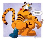  2014 anal anal_masturbation anal_penetration anthro anti_dev biceps butt dialogue dildo dildo_sitting english_text feline frosted_flakes fur hi_res looking_back lube male mammal mascot masturbation muscular nude penetration raised_tail rear_view sex_toy solo stripes text tiger tony_the_tiger toying_self yellow_sclera 