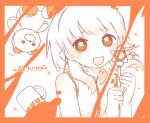  1girl blush border cai_(cabbage_0j0) collared_shirt commentary cup dear_my_witchcraft_(vocaloid) english_commentary english_text floating_hair hair_over_shoulder hairband hands_up highres holding holding_wand long_hair looking_at_viewer low_twintails monochrome mug orange_theme shirt simple_background sleeveless sleeveless_shirt smile solo song_name star-shaped_pupils star_(symbol) stuffed_animal stuffed_toy symbol-shaped_pupils teddy_bear twintails upper_body vocaloid wand 