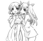  2girls blush fukai_ni_nemuru_oujo_no_abaddon greyscale hino_yachika long_hair looking_at_viewer monochrome multiple_girls open_mouth screentones short_hair simple_background smile suzumori_mia white_background 