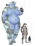 2022 ambiguous_species anthro belly beverage beverage_can breasts cettus chart clothed clothing coat female front_view fully_clothed group gun height_chart hi_res holding_beverage holding_gun holding_object holding_weapon living_machine living_vehicle machine macro male navel nipples nude overweight overweight_anthro overweight_female ranged_weapon robot simple_background size_difference standing topwear trio vehicle weapon white_background