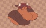 2023 animal_humanoid belly big_belly big_breasts bovid bovid_humanoid breasts brown_background brown_body brown_clothing brown_dress brown_hair brown_skin buffalo buffalo_humanoid butt checkered_background clothed clothing colored dark_body dark_skin digital_drawing_(artwork) digital_media_(artwork) dress eyes_obscured female hair hair_over_eyes horn huge_breasts humanoid mammal mammal_humanoid mole_under_eye morbidly_obese morbidly_obese_female morbidly_obese_humanoid obese obese_female obese_humanoid open_mouth open_smile overweight overweight_female overweight_humanoid pattern_background plumpcognito shaded simple_background smile solo tail text thick_thighs torn_clothing twitter_handle white_horn