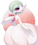  animal_focus artist_name colored_skin eyelashes gardevoir green_hair highres iwasi_29 mega_gardevoir no_humans pokemon pokemon_(creature) red_background red_eyes twitter_username two-tone_background white_background white_skin 