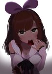 1girl 2017 a.i._channel absurdres bangs blue_eyes blush breasts brown_hair cleavage closed_mouth condom condom_in_mouth dated detached_sleeves erection gradient gradient_background haapi_jang_p hairband handjob head_tilt heart heart-shaped_pupils hetero highres holding jpeg_artifacts kizuna_ai long_hair looking_at_viewer medium_breasts mouth_hold number penis precum sailor_collar sleeves_past_wrists smile solo_focus swept_bangs symbol-shaped_pupils uncensored virtual_youtuber white_background 