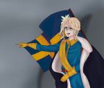  1girl alisha_diphda belt blonde_hair blue_jacket buttons charles_xii_of_sweden charles_xii_of_sweden_(cosplay) coat cosplay flag fur_trim gloves green_eyes highres jacket pointing sabaton_(band) sash simple_background sweden swedish_flag swedish_uniform tales_of_(series) tales_of_zestiria user_wgsa3478 yellow_collar yellow_gloves yellow_sash 