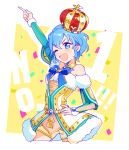  1girl :d ;d arm_up bare_shoulders blue_bow blue_eyes blue_hair blush bow braid cropped_legs crown curly_hair detached_sleeves dorothy_west gold_trim hair_between_eyes hand_on_own_hip index_finger_raised looking_at_viewer one_eye_closed open_mouth oshiri_(o4ritarou) outstretched_arm pointing pointing_up pretty_series pripara short_hair shorts side_braid smile solo standing v-shaped_eyebrows 