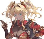  1girl absurdres aqua_eyes armor blonde_hair breasts brown_hairband cleavage finger_gun granblue_fantasy grin hair_intakes hairband highres large_breasts looking_at_viewer parted_lips simple_background smile solo twintails upper_body white_background wizast zeta_(granblue_fantasy) 