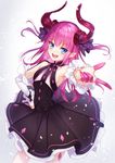 black_dress blush commentary_request dragon_girl dragon_horns dragon_tail dress elizabeth_bathory_(fate) elizabeth_bathory_(fate)_(all) eyebrows_visible_through_hair eyes_visible_through_hair fate/extra fate/extra_ccc fate/grand_order fate_(series) green_eyes hair_between_eyes hair_ribbon highres horns long_hair looking_at_viewer open_mouth pink_hair pointy_ears ribbon simple_background solo tail teeth yamagishi_chihiro 