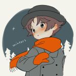  1boy black_eyes black_headwear blush brown_hair coat grey_coat location_name long_sleeves looking_to_the_side male_focus mittens mother_(game) mother_2 orange_mittens orange_scarf parted_lips scarf shifumame short_hair solo tony_(mother_2) upper_body winter 