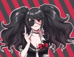  1girl \m/ bear_hair_ornament black_background black_bra black_choker black_hair bow bra breasts choker cleavage collarbone danganronpa:_trigger_happy_havoc danganronpa_(series) enoshima_junko eyepatch grin hair_ornament highres hy_(fjvlg) large_breasts looking_at_viewer nail_polish necktie red_background red_bow red_eyes red_nails smile solo striped striped_background teeth underwear upper_body 