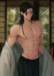  1boy abs architecture bare_shoulders black_eyes black_hair black_pants closed_mouth collarbone dio_saurr ear_piercing east_asian_architecture expressionless getou_suguru highres indoors japanese_clothes jujutsu_kaisen kimono long_hair looking_down male_focus muscular muscular_male navel nipples pants pectorals piercing solo toned toned_male tree undressing very_long_hair white_kimono 