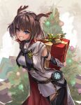  1girl antlers belt blue_eyes box breasts brown_hair cape christmas_tree gift gift_box highres imdrunkontea leaning_forward looking_at_viewer medium_breasts original short_hair sleeveless smile solo wrist_guards 