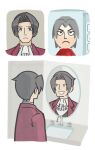  1boy absurdres ace_attorney ascot commentary curtained_hair english_commentary fizzi_ly frown highres jacket looking_at_mirror mii_(nintendo) miles_edgeworth mirror multiple_views red_jacket sink smile v-shaped_eyebrows white_ascot 