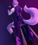 ambiguous_gender animal_humanoid canid canid_humanoid canine canine_humanoid chair clothed clothing footwear fox_humanoid furniture garter_straps gloves gretta14 hair handwear harness hi_res high_heels humanoid kuya_(nu:_carnival) low-angle_view mammal mammal_humanoid nu:_carnival on_chair purple_hair purple_tail purple_theme rear_view sitting sitting_on_chair smile solo tail