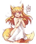  00tea 1girl animal_ears blush covering embarrassed fox_ears fox_tail long_hair nude nude_cover open_mouth simple_background solo tail tears white_background 