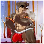 1:1 2023 aaron_(artist) abs anthro balls balls_outline barely_visible_balls barely_visible_genitalia bear beckoning big_bulge border breath_cloud brown_body brown_eyes brown_fur brown_hair bulge butt christmas christmas_clothing christmas_underwear clothed clothing dillon_(aaron) fur genital_outline genitals gesture hair hand_on_hip hi_res holidays jingle_bell_armband male mammal muscular muscular_male neck_tuft nipples outside penis_outline plant pubes red_clothing red_underwear short_hair skimpy smile smiling_at_viewer smirk smirking_at_viewer snow snowing solo tan_body tan_fur thong tree tuft underwear watermark white_border