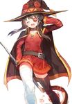  :d ^_^ bandaged_leg bandages bangs black_hair black_legwear blush brown_hair choker cloak closed_eyes collarbone dress eyepatch facing_viewer hat highres holding holding_staff kono_subarashii_sekai_ni_shukufuku_wo! megumin open_mouth red_dress short_dress short_hair_with_long_locks sidelocks simple_background smile solo staff thighhighs umibouzu_(niito) white_background witch_hat zettai_ryouiki 