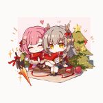  2girls asta_(honkai:_star_rail) black_footwear black_jacket black_skirt braid chestnut_mouth chibi christmas_tree closed_eyes facial_tattoo facing_viewer fake_horns grey_hair heart heart_tattoo highres honkai:_star_rail honkai_(series) horns jacket long_sleeves medium_hair multiple_girls open_clothes open_jacket parted_lips pink_hair red_scarf scarf simple_background sitting skirt smile star_tattoo stelle_(honkai:_star_rail) tattoo thigh_strap trailblazer_(honkai:_star_rail) yajuu yellow_eyes 