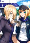  2girls :o artoria_pendragon_(all) bangs baseball_cap bike_shorts blonde_hair blue_eyes blue_scarf braid buruma cowboy_shot drinking_straw eyebrows_visible_through_hair fate/grand_order fate_(series) food glasses gym_uniform hair_between_eyes hair_over_shoulder hat holding jacket multiple_girls mysterious_heroine_x mysterious_heroine_x_(alter) name_tag open_clothes open_jacket open_track_jacket parted_lips ponytail scarf semi-rimless_glasses short_hair_with_long_locks sidelocks under-rim_glasses v-neck yellow_eyes 