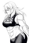  1girl abs ass bandaged_arm bandages breasts greyscale groin hand_on_own_chin haruka_yamaoka huge_ass large_breasts long_hair looking_at_viewer monochrome muscular muscular_female piroya_(shabushabu) shy thick_thighs thighs tight_clothes undead_unluck white_background 