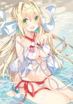  babydoll bikini blonde_hair breasts fate/grand_order fate_(series) green_eyes hair_ribbon highres large_breasts long_hair looking_at_viewer navel nero_claudius_(fate)_(all) nero_claudius_(swimsuit_caster)_(fate) off_shoulder open_mouth ribbon satsuki_mayuri see-through side-tie_bikini solo striped striped_bikini swimsuit 