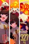  1girl black_sclera brown_eyes brown_hair colored_sclera crocalor crocodile crocodilian echo_(circa) evolutionary_line fire fire_bird_(skeledirge) fuecoco grey_jacket jacket medium_hair naranja_academy_school_uniform ohara_(pokemon) on_head open_mouth pokemon pokemon:_paldean_winds pokemon_(creature) pokemon_on_head pokemon_sv school_uniform skeledirge smile yellow_eyes zipper_pull_tab 