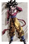  1boy biceps blue_sash blue_wristband body_fur dougi dragon_ball dragon_ball_gt highres male_focus monkey_boy monkey_tail muscular muscular_male open_mouth pants pectorals red_fur saiyan sash solo son_goku spiked_hair super_saiyan super_saiyan_4 tail teeth ushi_(akabec0) wristband yellow_eyes 