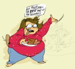 anthro belly big_belly big_breasts big_butt breasts brown_body brown_hair butt cake cartoon_network christmas clothing dessert dialogue eileen_roberts eyewear female feral food fruit_cake glasses hair hi_res holding_plate holidays humanoid obese obese_female overweight overweight_female raised_hand red_clothing regular_show short_stack solo speech_bubble tail tpsfilthyhands wiggle_lines