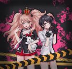  2girls absurdres black_hair black_shirt blonde_hair blood blood_splatter blue_eyes bow cowboy_shot crown danganronpa:_trigger_happy_havoc danganronpa_(series) enoshima_junko hand_up hands_up highres hy_(fjvlg) ikusaba_mukuro long_hair miniskirt monokuma multiple_girls necktie pink_blood pleated_skirt red_bow red_skirt shirt short_hair siblings sisters skirt twintails white_shirt 