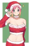  1girl belly blue_eyes breasts christmas cleavage hat highres kuronami616 looking_at_viewer mole mole_on_breast mole_on_stomach mole_under_eye original pink_hair santa_costume santa_hat short_hair simple_background smile solo sparkling_eyes v 