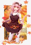  1girl :d alternate_costume animal_ears arknights autumn_leaves black_bow black_dress black_footwear black_hairband blush bow braid cat_ears cat_girl cat_tail dress floppy_ears garter_straps goldenglow_(arknights) hair_bow hair_ornament hairband hairclip highres kneeling lightning_bolt_print long_hair long_sleeves looking_at_viewer pink_hair print_bow print_hairband shirt skirt_basket smile solo tail white_background white_shirt yatori_suminohi yellow_eyes 