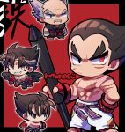  4boys balding black_border black_eyes black_hair black_pants black_wings border chain chest_tattoo chibi devil_jin facial_hair fingerless_gloves gloves grey_facial_hair grey_hair grey_horns heterochromia holding holding_stylus horns kazama_jin kotorai looking_ahead looking_at_viewer male_focus mishima_heihachi mishima_kazuya multiple_boys mustache old old_man oversized_object pants red_background red_eyes red_gloves scar scar_on_arm scar_on_chest scar_on_face sharp_teeth short_hair signature studded_gloves stylus tattoo teeth tekken topless_male translation_request white_pants wings yellow_eyes 