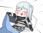  1girl ak-12_(girls&#039;_frontline) black_pants blanket blush braid chibi closed_eyes crown_braid dead_degenerate english_commentary girls&#039;_frontline gloves grey_hair highres holding holding_blanket long_hair long_sleeves navel open_mouth pants pillow sidelocks smile solo tactical_clothes 