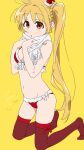  1girl :o absurdres ahoge artist_name bare_shoulders bikini blonde_hair bocchi_the_rock! breasts choppy_bangs christmas commentary detached_ahoge fur-trimmed_bikini fur_trim hat highres ijichi_nijika kneeling long_hair looking_at_viewer mini_hat open_mouth red_bikini red_eyes red_headwear red_thighhighs santa_bikini santa_hat scarf side_ponytail signature simple_background small_breasts solo swimsuit thighhighs very_long_hair white_scarf yellow_background zetsuyo_chimayo 