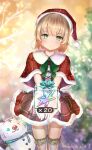  1girl aqua_ribbon blonde_hair blurry blurry_background capelet christmas christmas_tree closed_mouth commentary_request cowboy_shot crystal floating_clothes fur-trimmed_capelet fur-trimmed_skirt fur_trim gift gloves green_eyes green_ribbon hat heaven_burns_red highres holding holding_gift incoming_gift looking_at_viewer mkhc01 nanase_nanami_(heaven_burns_red) outstretched_arms plaid plaid_capelet plaid_headwear plaid_skirt red_skirt ribbon santa_capelet santa_costume santa_hat short_hair skirt snowman solo standing thighhighs twitter_username white_gloves 