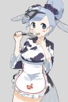  1girl absurdres alternate_hairstyle apron black_kimono blue_eyes blush cowboy_shot fins fish_girl fish_tail frilled_apron frills grey_hair grey_kimono hair_bun head_fins highres iwa_(iwafish) japanese_clothes japari_symbol jinmen-gyo_(kemono_friends) kemono_friends kimono mask mask_on_head multicolored_clothes multicolored_kimono short_hair solo tail whisk white_apron white_kimono 