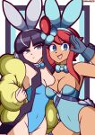  2girls animal_ears bare_shoulders black_hair blue_eyes blue_leotard blunt_bangs bow bowtie coat covered_navel dark-skinned_female dark_skin detached_collar elesa_(pokemon) fake_animal_ears fake_tail fur_coat fur_jacket gloves hair_ornament highres jacket leotard long_hair looking_at_viewer monolith_tk multiple_girls open_mouth playboy_bunny pokemon pokemon_bw pokemon_bw2 rabbit_ears rabbit_tail red_hair salute short_hair_with_long_locks sidelocks skyla_(pokemon) smile strapless strapless_leotard tail traditional_bowtie wrist_cuffs yellow_coat 