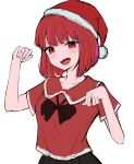 1girl arima_kana bob_cut christmas hat highres inverted_bob looking_at_viewer masamune-tan merry_christmas open_mouth oshi_no_ko red_eyes red_hair red_shirt santa_hat shirt short_hair simple_background smile solo upper_body white_background 