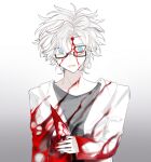  1boy absurdres blood blood_on_clothes blood_on_face blood_on_hands blue_eyes chinese_commentary commentary_request glasses gradient_background grey_shirt highres kanou_aogu lab_coat long_sleeves looking_at_viewer male_focus open_mouth qianmiaojiangbushiqiandaojiang rectangular_eyewear saibou_shinkyoku shirt short_hair simple_background smile upper_body white_hair 