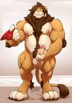  2017 anthro balls barazoku barbed_penis barefoot belly biceps biped body_hair chest_hair chest_tuft clothing digital_media_(artwork) erection feline front_view fur glans grisser hair hi_res holding_clothing huge_muscles humanoid_penis hybrid_penis lion looking_at_viewer male mammal manly musclegut muscular muscular_male nipples nude overweight overweight_male pecs penis precum pubes simple_background smile solo standing tuft underwear 