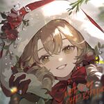  1girl blonde_hair bow christmas drill_hair earrings flower gem gloves green_eyes hair_between_eyes hair_bow hood hood_up ichisaku jewelry light_brown_hair looking_at_viewer red_bow red_flower reverse:1999 solo sotheby upper_body white_flower 