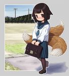  1girl black_hair blush female fox_tail kikuri_(mawaru) mawaru_(mawaru) multiple_tails original school_uniform skirt solo tail 