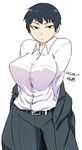  black_eyes black_hair breasts dated eyebrows formal large_breasts off_shoulder original pant_suit perky_breasts pinstripe_suit shirt short_hair solo striped suit tsukudani_(coke-buta) tsurime undressing 