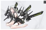  barefoot black_dress cancell detached_sleeves dress flower hair_flower hair_ornament katana long_hair looking_at_viewer original silver_eyes silver_hair simple_background sitting solo sword thigh_strap wariza weapon 