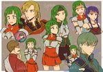  3girls armor arrow bare_shoulders blonde_hair blouse blush bracer breastplate breasts brown_hair capelet character_name closed_eyes dress elbow_gloves facial_hair fingerless_gloves fire_emblem fire_emblem:_seima_no_kouseki flat_chest forde gloves green_eyes green_hair hand_on_own_chest hand_to_own_mouth headband index_finger_raised innes long_hair lute_(fire_emblem) moulder multiple_boys multiple_girls multiple_views mustache noshima open_mouth ponytail purple_eyes purple_hair quiver robe short_hair siblings sidelocks sisters sleeveless sleeveless_dress small_breasts sparkle spoken_person sweatdrop syrene vanessa_(fire_emblem) wavy_mouth white_gloves 