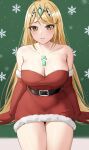  absurdres amayo_thranana belt blonde_hair blush breasts chest_jewel cleavage closed_mouth cowboy_shot dress elbow_gloves fur-trimmed_dress fur-trimmed_gloves fur_trim gloves highres large_breasts long_hair looking_at_viewer mythra_(xenoblade) red_dress red_gloves santa_dress short_dress snowflakes strapless strapless_dress swept_bangs tiara very_long_hair xenoblade_chronicles_(series) xenoblade_chronicles_2 yellow_eyes 