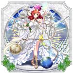  1girl absurdres alternate_costume bracelet breasts chain choker cleavage copyright_name copyright_notice dress earth_(ornament) flower full_body hecatia_lapislazuli highres holding holding_flower holding_staff jewelry large_breasts long_hair moon_(ornament) official_art red_eyes red_hair ribbon rope rotte_(1109) shoes smile staff statue third-party_source toes touhou touhou_lost_word white_dress 